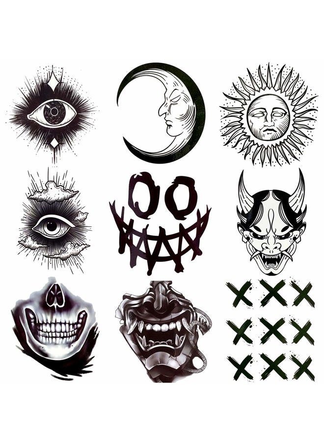 Oottati Waterproof 9 Sheets Back of Hand Fake Temporary Tattoo Stickers - Black Halloween Skull Horror Eye Devil Sun Moon Totem (Halloween) - Image 1